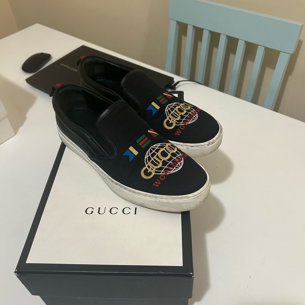 Gucci Black and White Logo Slip-Ons